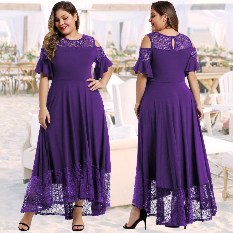 LALAGEN Womens Plus Size Casual Lace Cold Shoulder Long Plain Evening Party Maxi Dress Purple 1X - Image 2